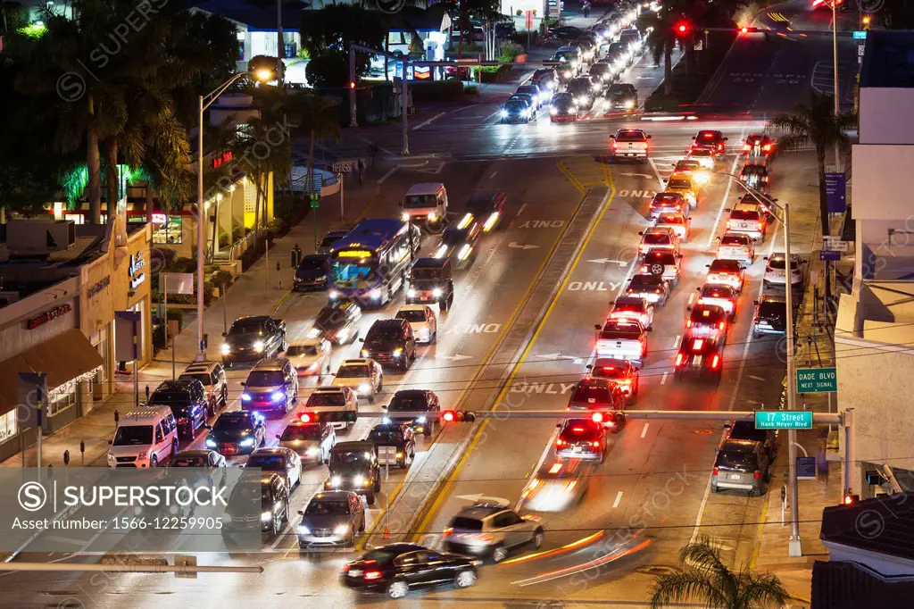 USA, Florida, Miami Beach, elevated view of Alton Road traffic, dusk.