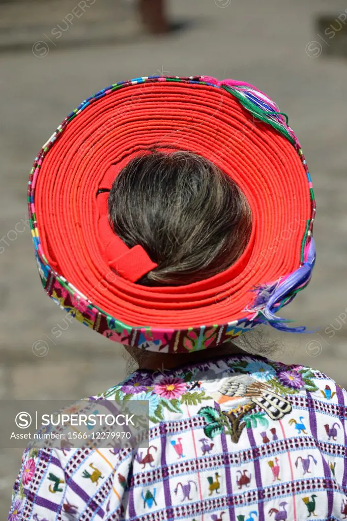 Indegenous woman wearing a tocoyal hat, Santiago Atitlan, Guatemala, Central America.