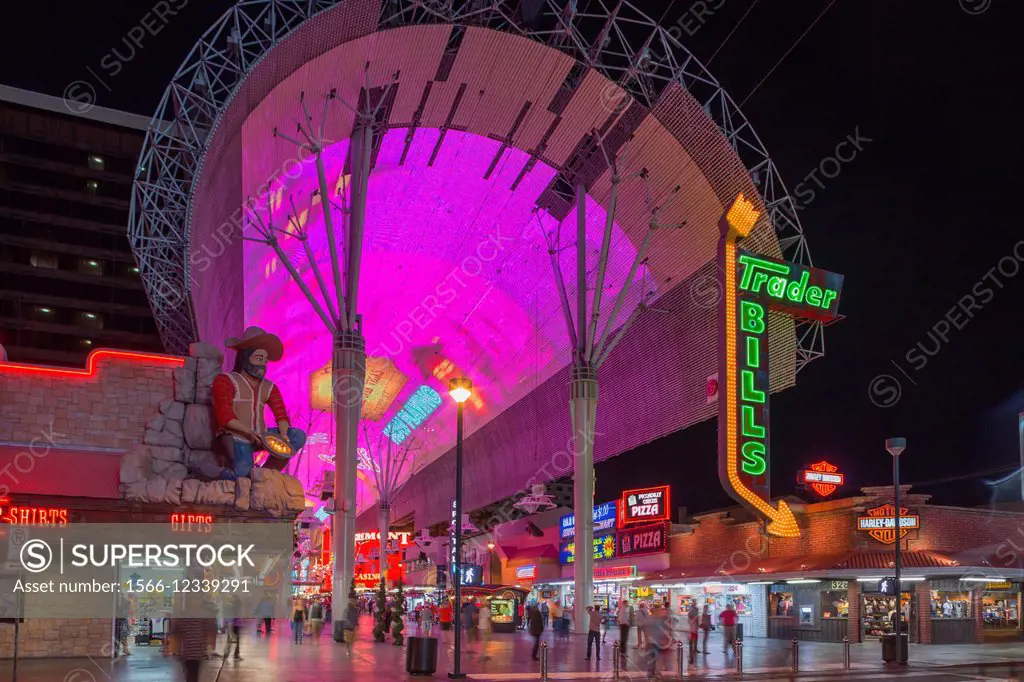 Hotels Casinos Fremont Street Experience Pedestrian Mall Downtown Las Vegas Nevada Usa.