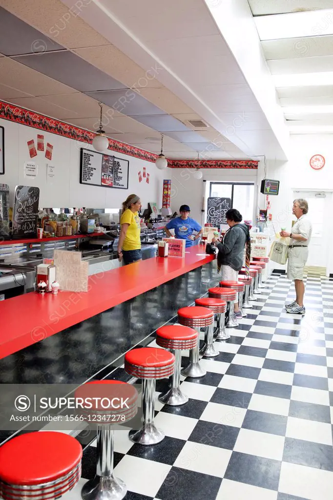 Historic, old-fashioned soda fountain at the Drugstore Pharmacy, Saugatuck, Michigan, USA.