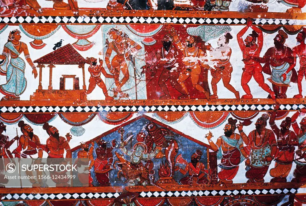 Painting of Mohini and the Rishis (upper panel), release of demons against  Shiva (lower panel) on the ceiling of the Sivakamasundari shrine. Sri  Natar - SuperStock