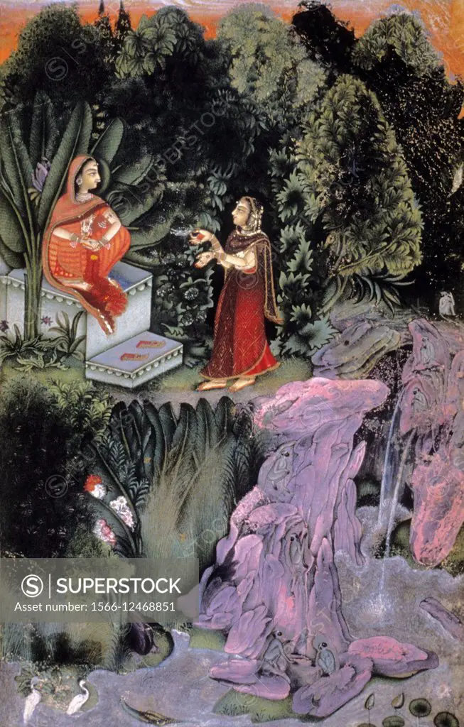 Radha and confidante in the forest. Rajput miniature painting circa. 1800 A.D. Rajasthan India.