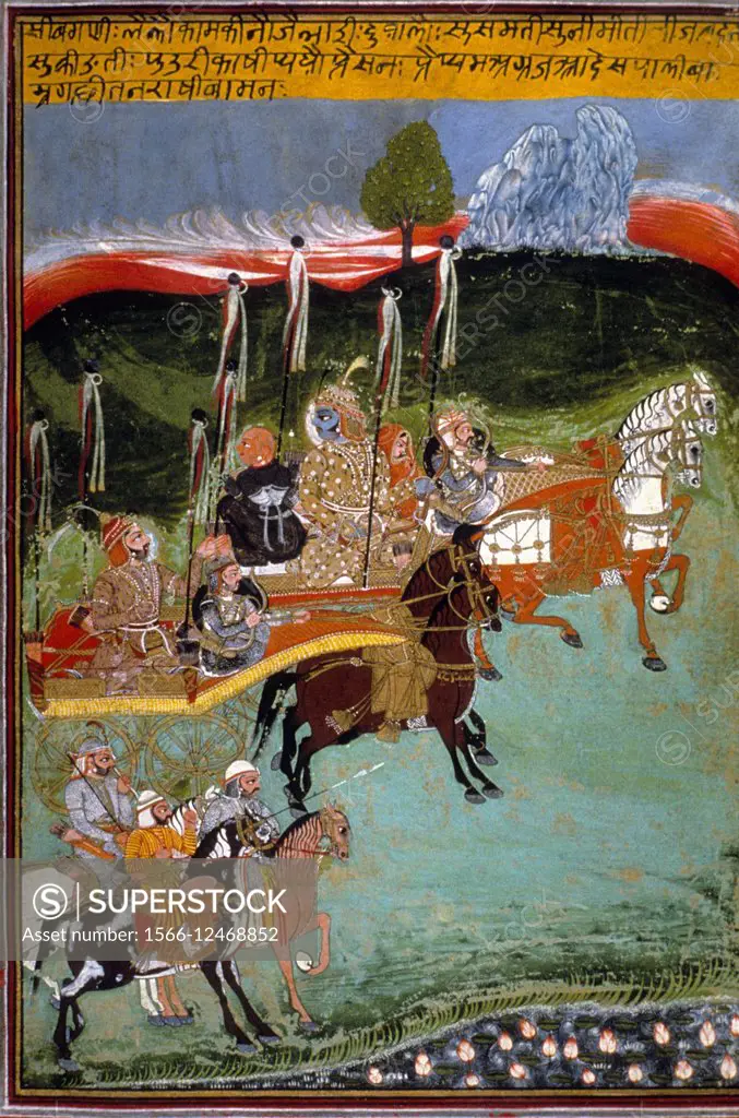 Krishna abducts Rukmini. Rajput miniature painting circa early 18th. Century A.D. India.