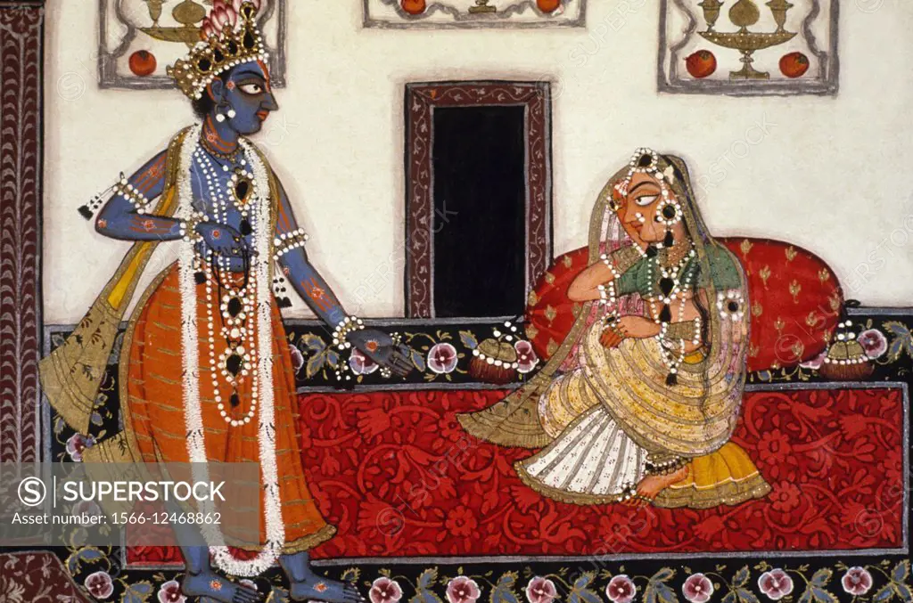 Nayika and her lover, Rajput miniature painting circa 1680 A.D. Basohli India.