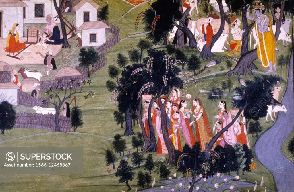 Krishna with Gopis, Chamba. Rajput miniature painting circa 1700 A.D. India.