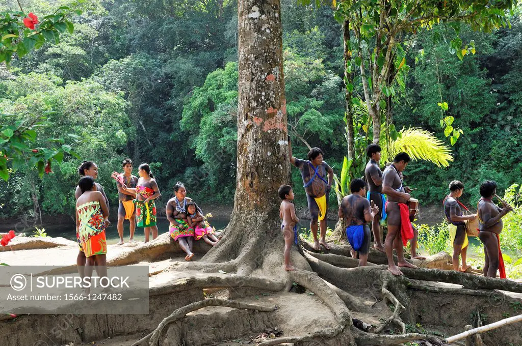 welcoming by villagers of Embera native community living by the Chagres River within the Chagres National Park, Republic of Panama, Central America