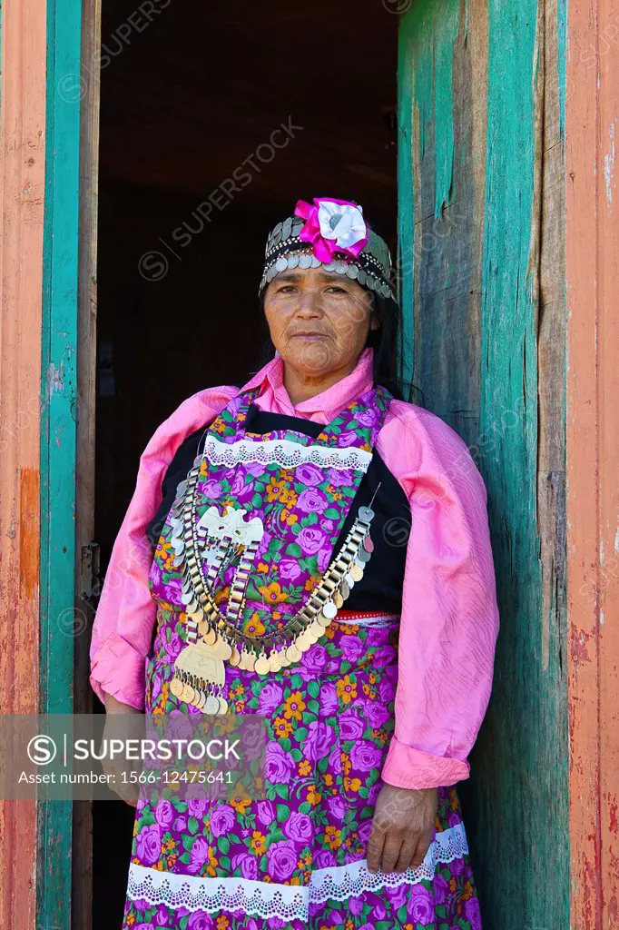 Portrait of mapuche woman in traditional costume. Leu Leu lake, Araucania, Chile.