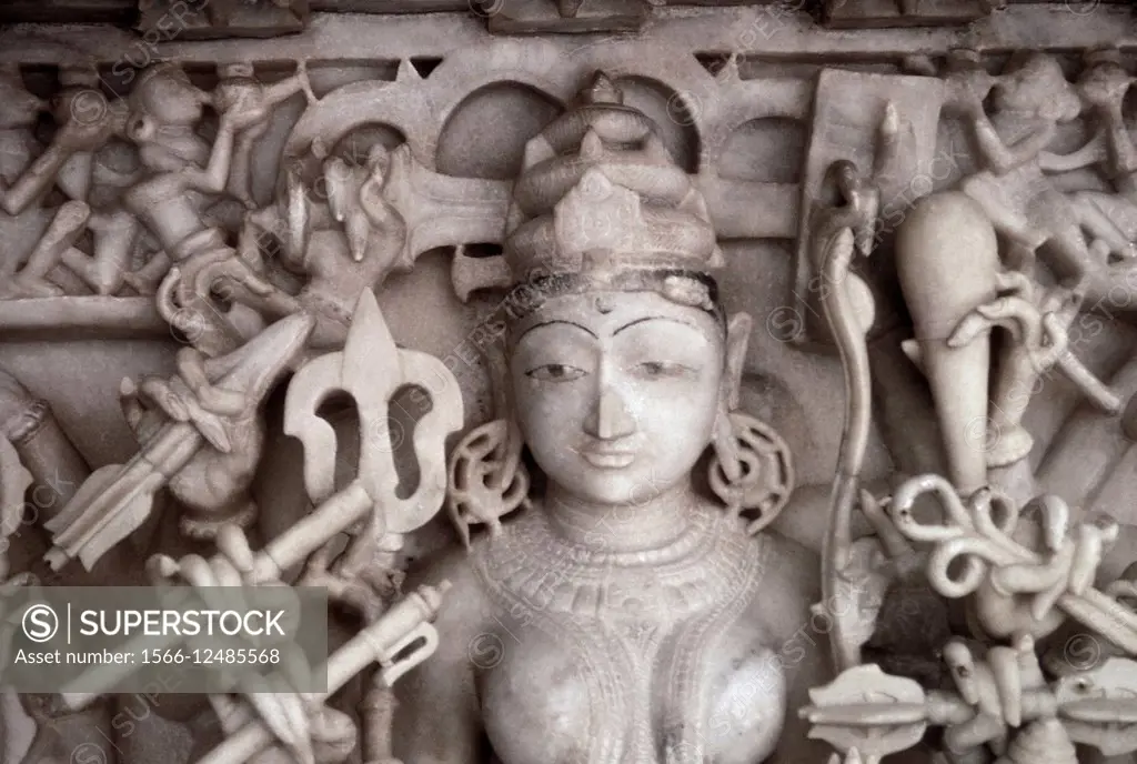 Detail of torso of a goddess on the ceiling. Vimala-Vasahi temple, Mount-Abu, Rajasthan, India.