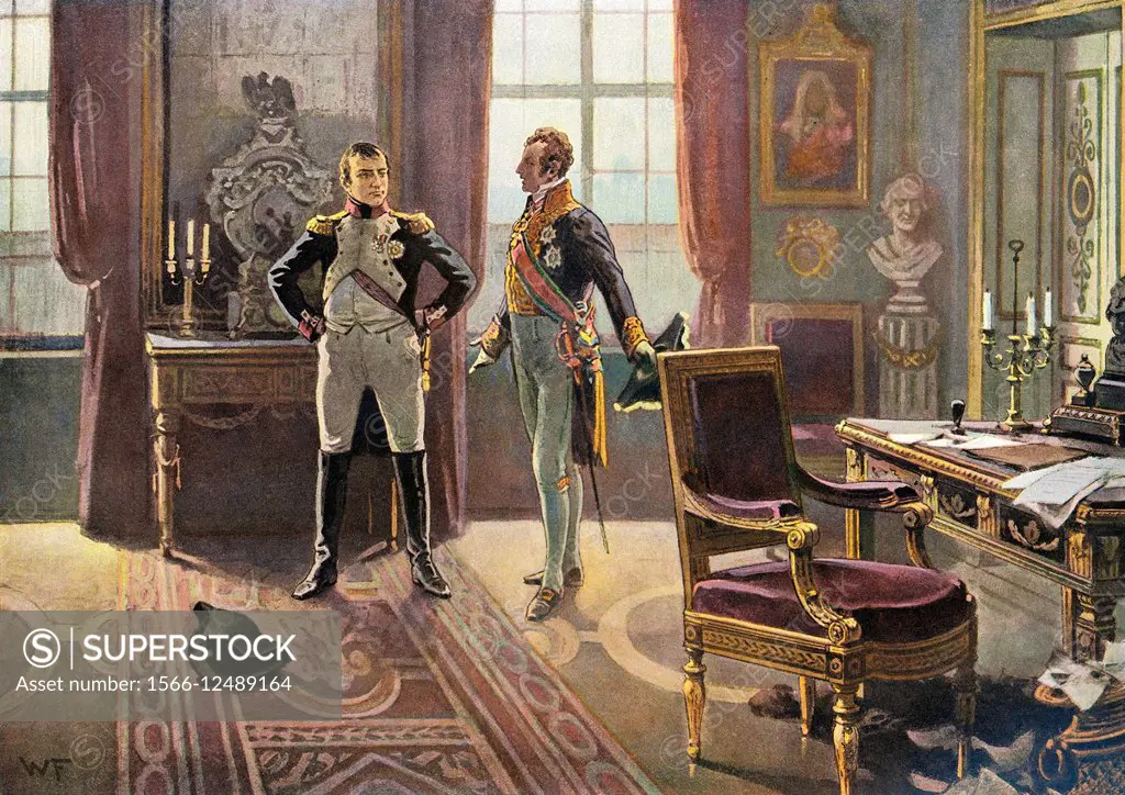 Napoleon I. Bonaparte with Prince Metternich during the meeting in Dresden, 26.06.1813, historical painting by W. Friedrich, Napoleon mit Fürst Metter...