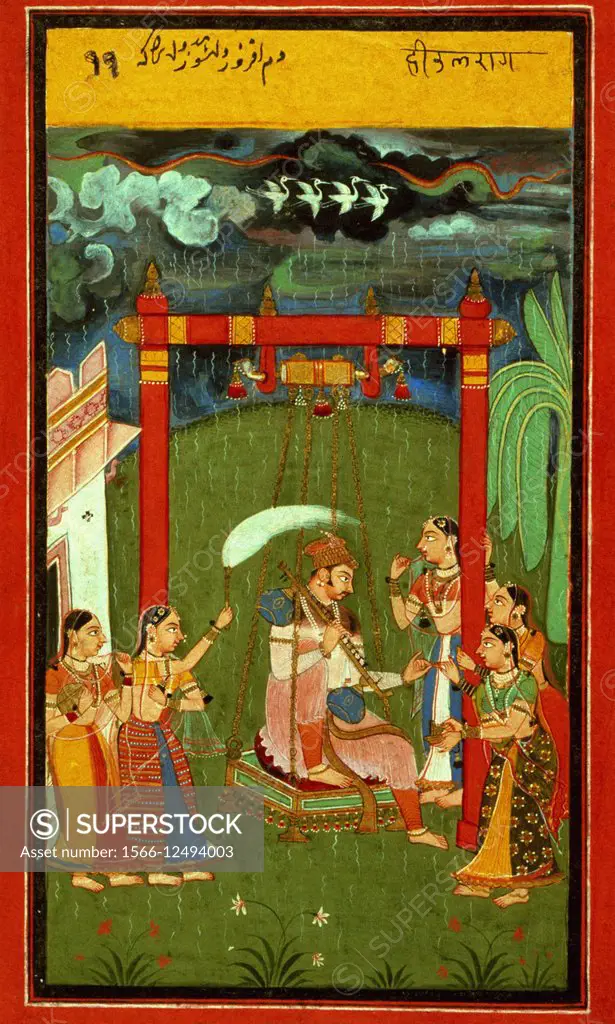 Ragamala Painting: Hindola Raga: meaning ´swing´, is an ancient seasonal festival of swings. Most paintings show Krishna with his consort Radha. He is...