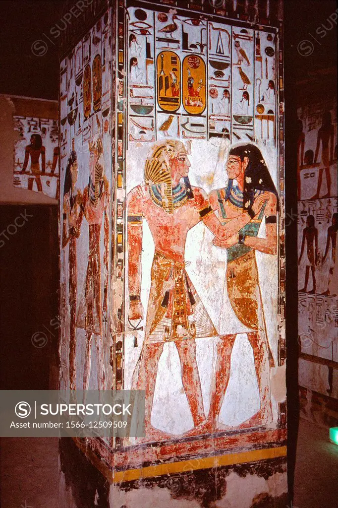 Thebes, West Bank, Kings Valley, Seti I tomb (KV17). Hall E (Porter and Moss), left face of pillar 2 (), Sety and Shu ().