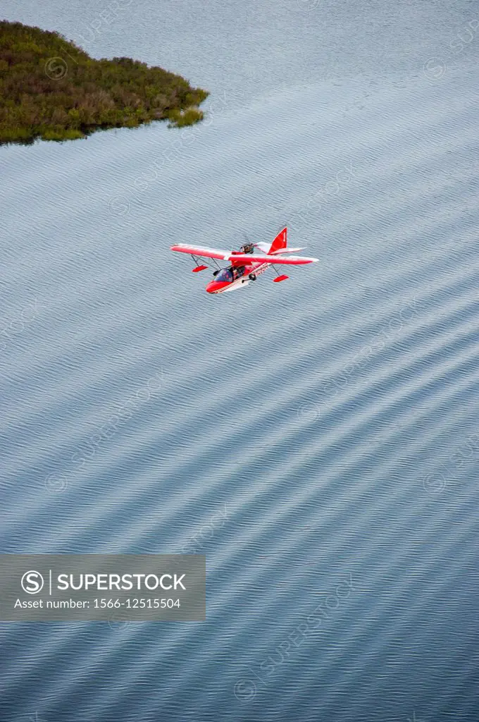 Searey, a small seaplane flying over the Chesapeake Bay, in Maryland, USA.