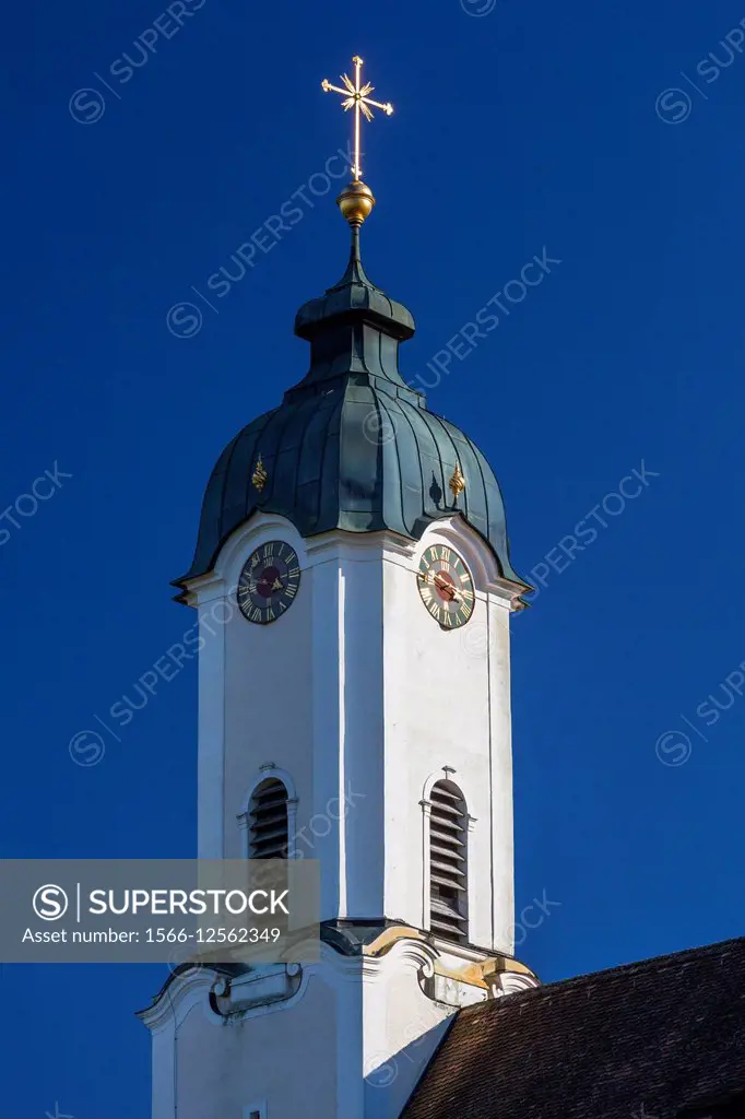 Germany, Bavaria, Wies, Wieskirche church, Bavarian rococo church by Dominikus Zimmerman, 1754, steeple.