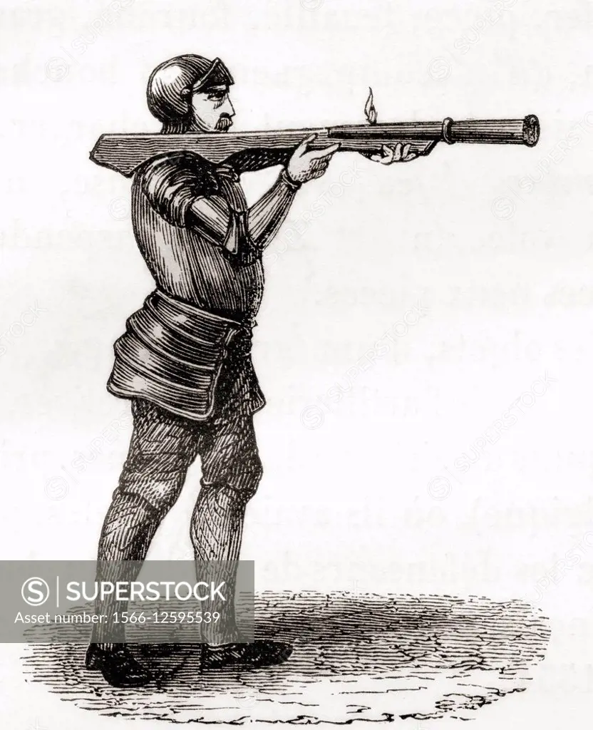 A foot soldier using a hand held bombard. Late 14th and 15th centuries. After a 19th century drawing. From Les Merveilles de la Science, published c. ...