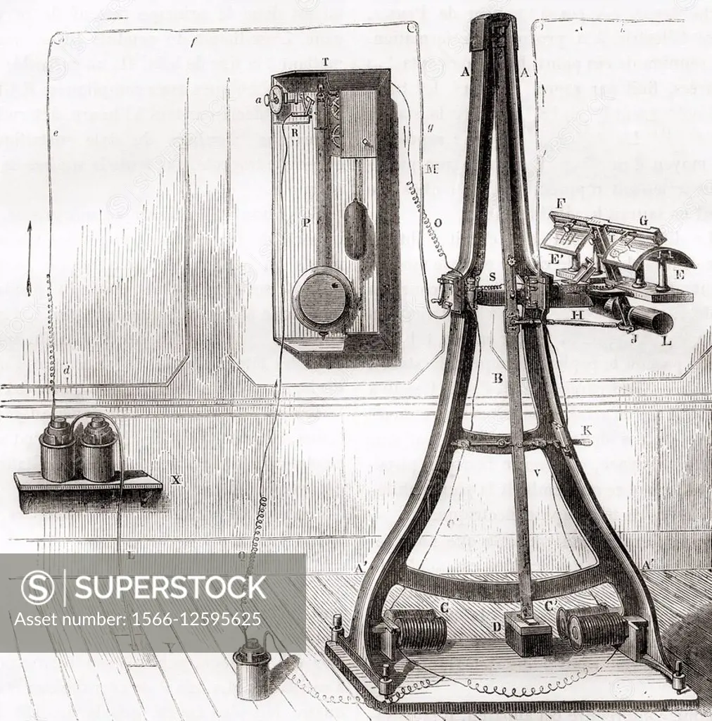 Caselli´s Pantelegraph, c. 1860. Giovanni Caselli,1815-1891. From Les Merveilles de la Science, published c. 1870.