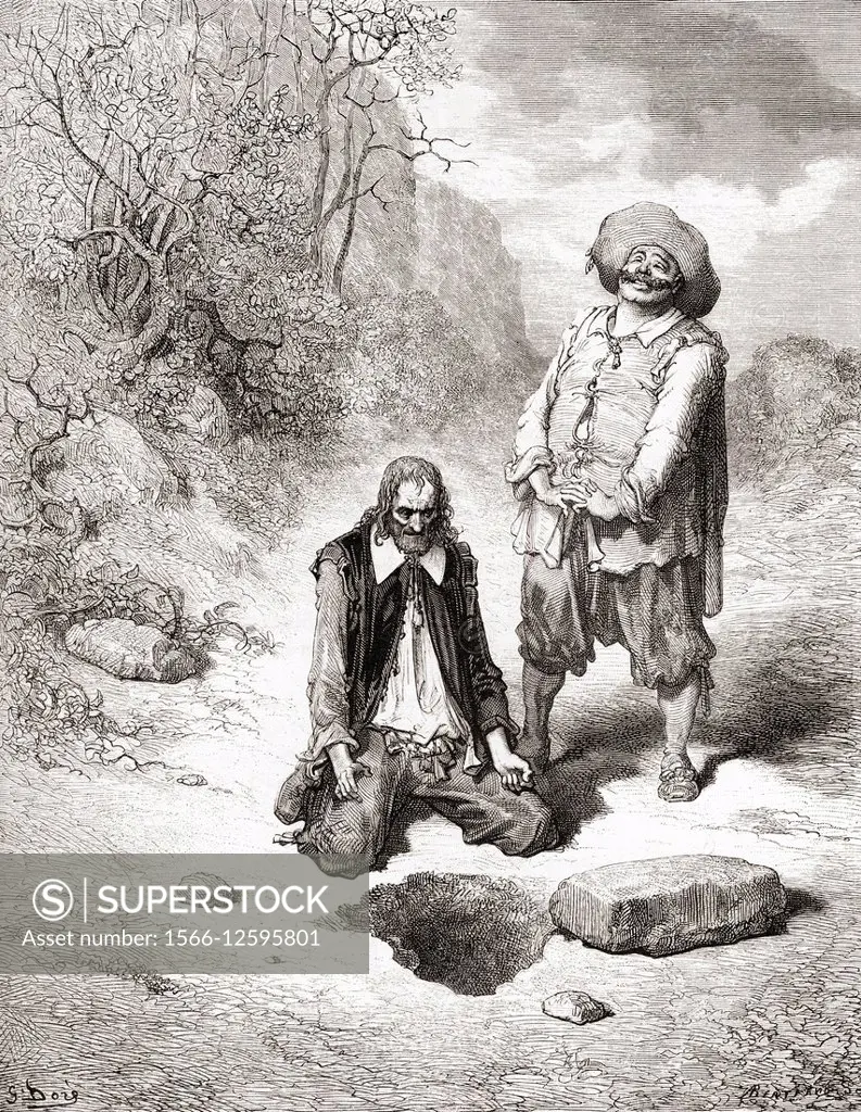 Gustave Doré´s illustration of La Fontaine´s fable The Miser Who Lost His Treasure (L´avare qui a perdu son trésor). From a late 19th century edition ...