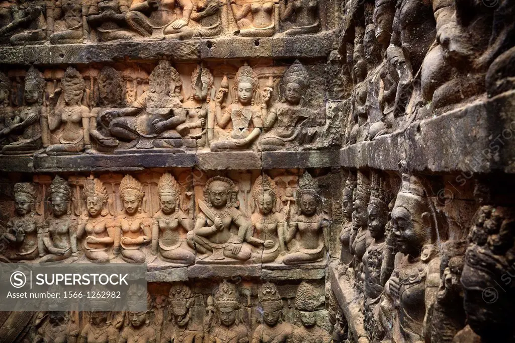 The Terrace of the Leper King - sculptures of the wall of temple, Angkor Temple Complex, Siem Reap Province, Cambodia, Asia