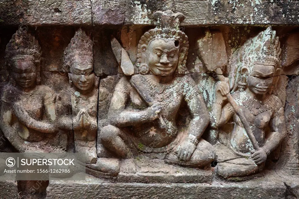 The Terrace of the Leper King - sculptures of the wall of temple, Angkor Temple Complex, Siem Reap Province, Cambodia, Asia