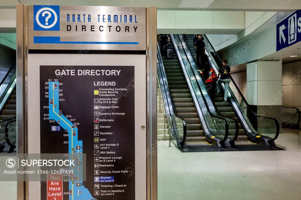 Florida, Miami, International Airport, MIA, inside, terminal, concourse, gate area, directory, escalator, map,