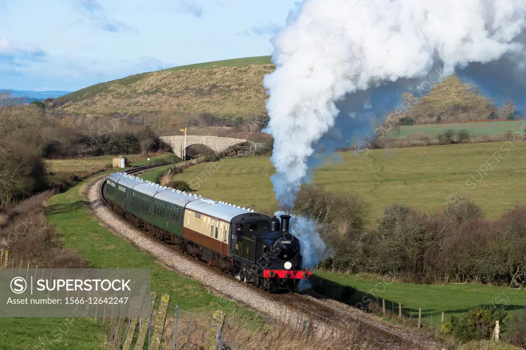 A class M7 tank locomotive number 30053 heads the 12. 15pm steam train from Corfe Castle to Swanage on the Swanage Railway on the 27th December 2014. ...