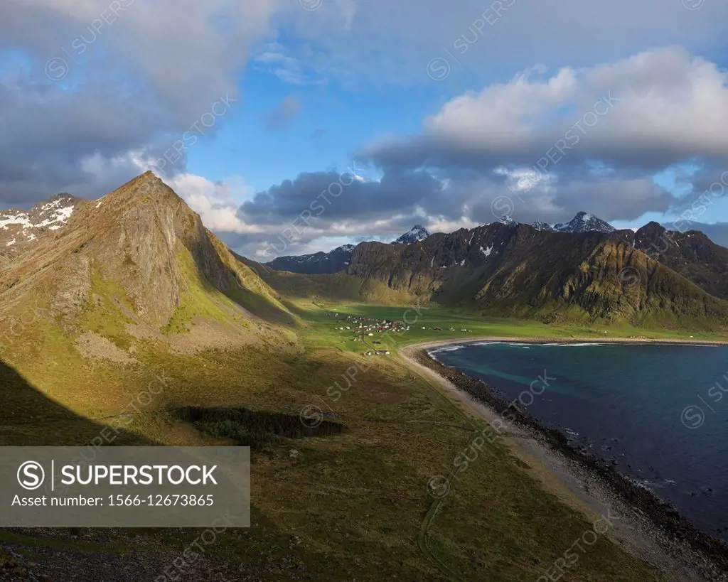 Mountain view over Unstad beach, Vestvågøy, Lofoten Islands, Norway.