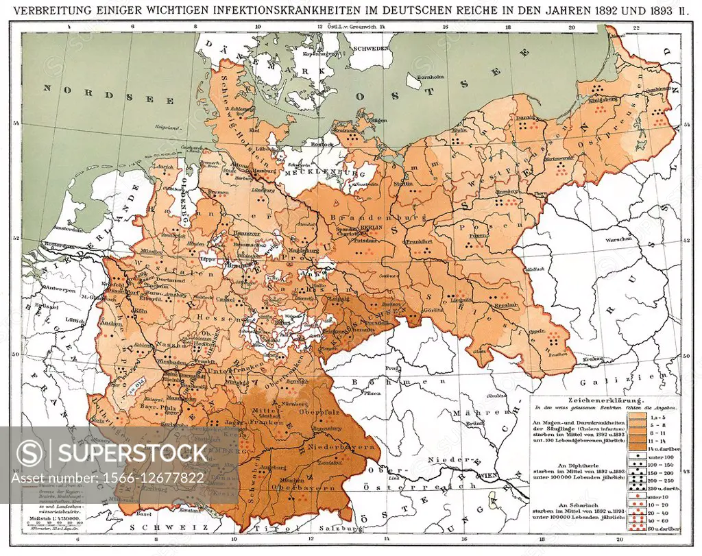 Historical map, spread of infectious diseases in the German Empire in 1892 and 1893.