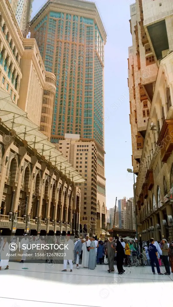 Picture of Makkah Clock Tower, It is a tower containing the hotels overlooking the Kaaba and at its peak clock and panel containing Koranic verses wri...