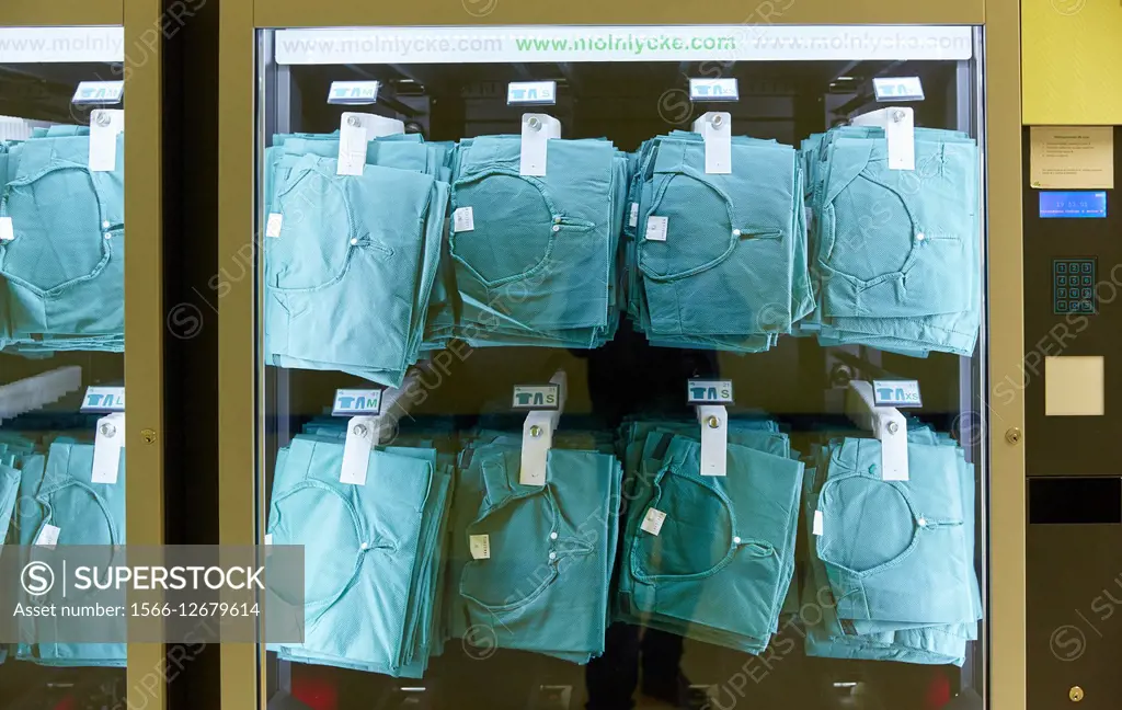 Scrubs on display in vending machine, Hospital Donostia, San Sebastian, Basque Country, Spain