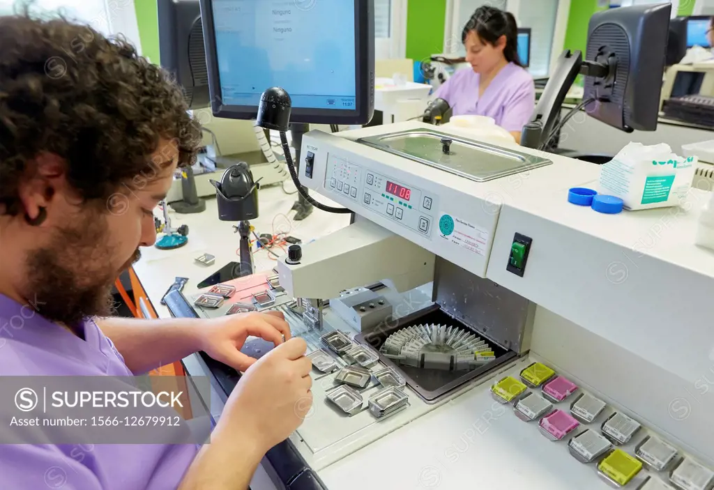 Technician preparing samples, Histology, Sample preparation, Anatomic Pathology, Hospital Donostia, San Sebastian, Basque Country, Spain