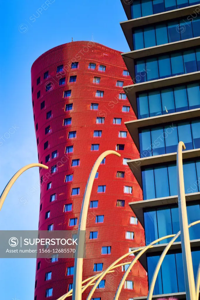 Hotel Porta Fira by Toyo Ito and Realia Tower by Toyo Ito. Also known as Toyo Ito Towers. Fira de Barcelona, Hospitalet del Llobregat, Barcelona provi...