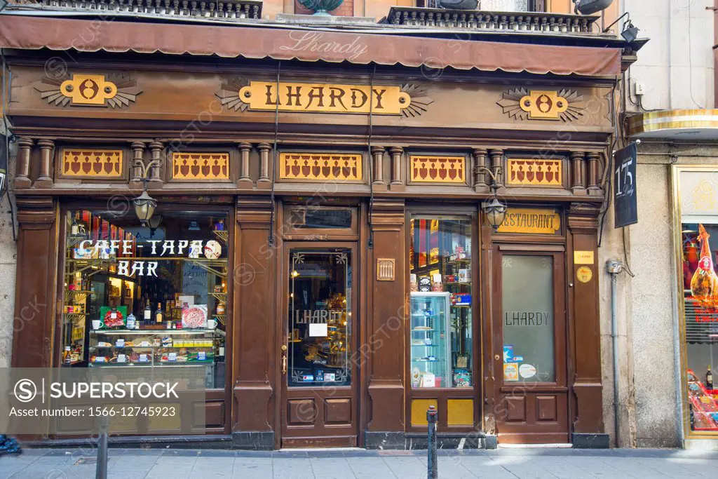 Facade of Lhardy restaurant. Carrera de San Jeronimo street, Madrid, Spain.