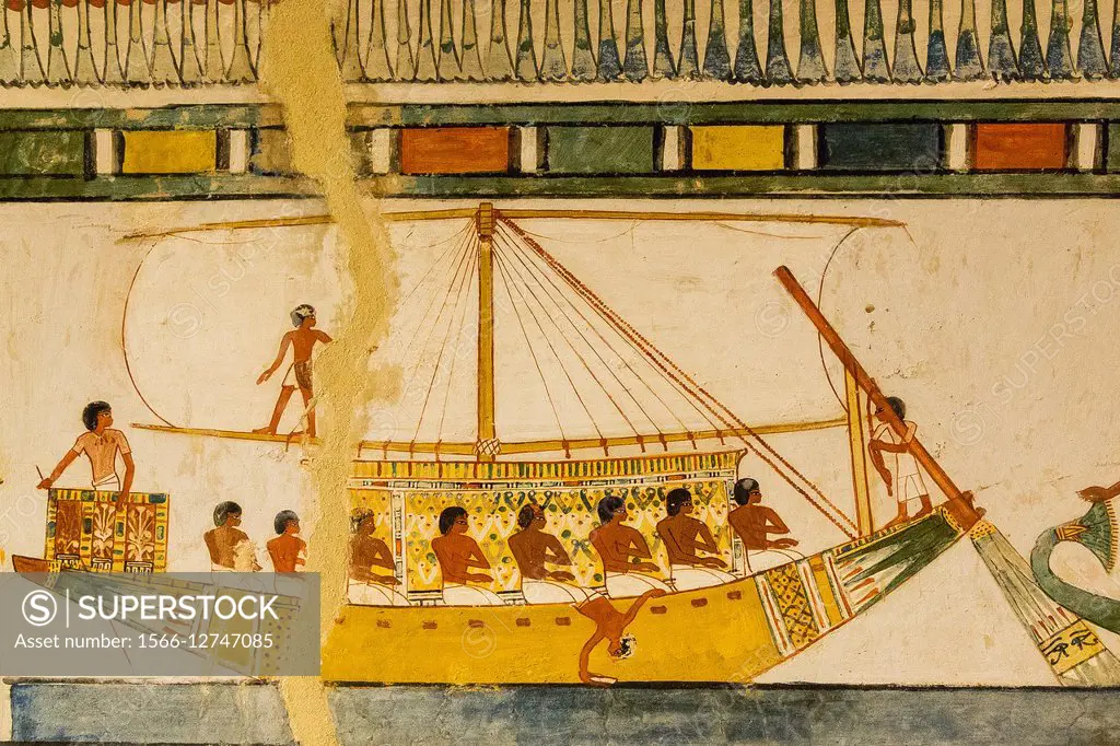 UNESCO World Heritage, Thebes in Egypt, Valley of the Nobles, tomb of Menna. Abydos pilgrimage, going back from Abydos. This is the boat pulling the b...