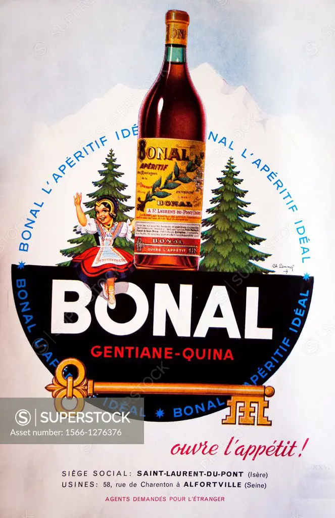 Publicity for ´Bonal Apéritif´, with Gentiane and Quina, in 1951, France