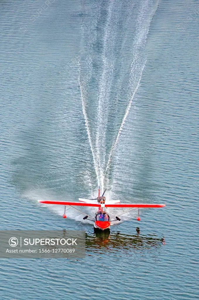 Searey, a small seaplane landing on the Chesapeake Bay, in Maryland, USA.