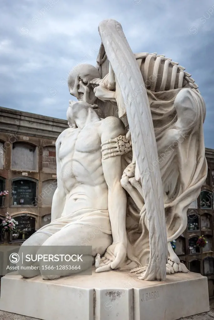 The Kiss of Death sculpture of Josep Llaudet Soler grave at Poblenou Cemetery (East cemetery) in Barcelona, Spain.