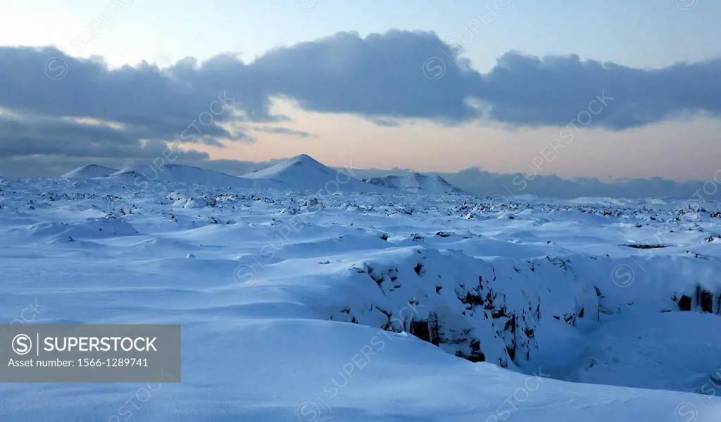 Snow covered lava, Grindavik, Iceland.