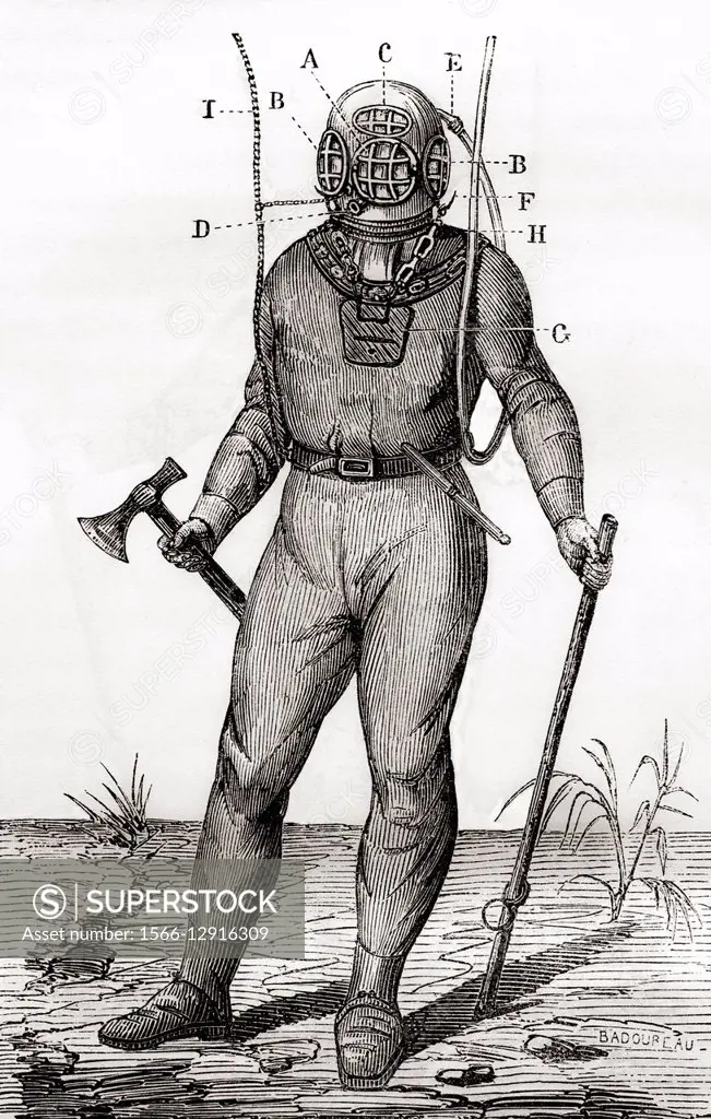 A standard diving suit patented by Joseph-Martin Cabirol in 1855. The helmet included a hand-controlled tap that the diver used to evacuate his exhale...