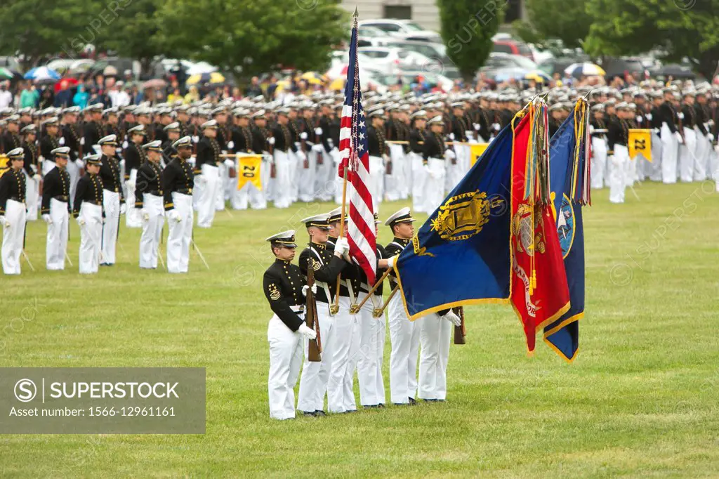 US Naval Academy Color Guard present the colors at the Color Parade at Worden Field on May 21, 2015 in Annapolis, Maryland.