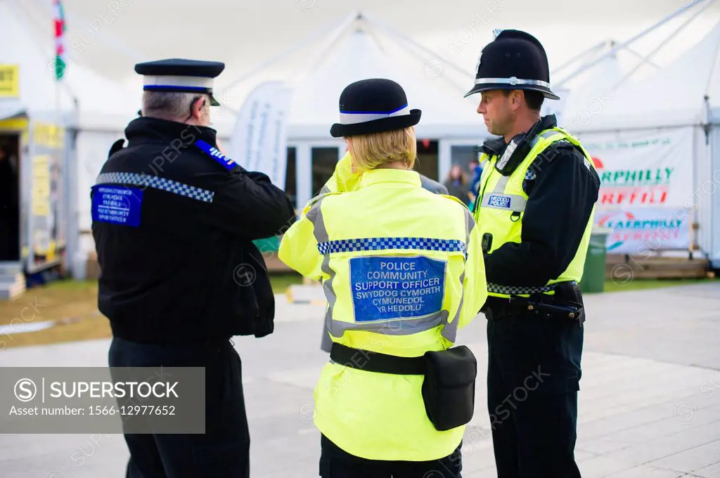 Three South Wales Police officers and CSO (Community Support Officers), Wales UK.