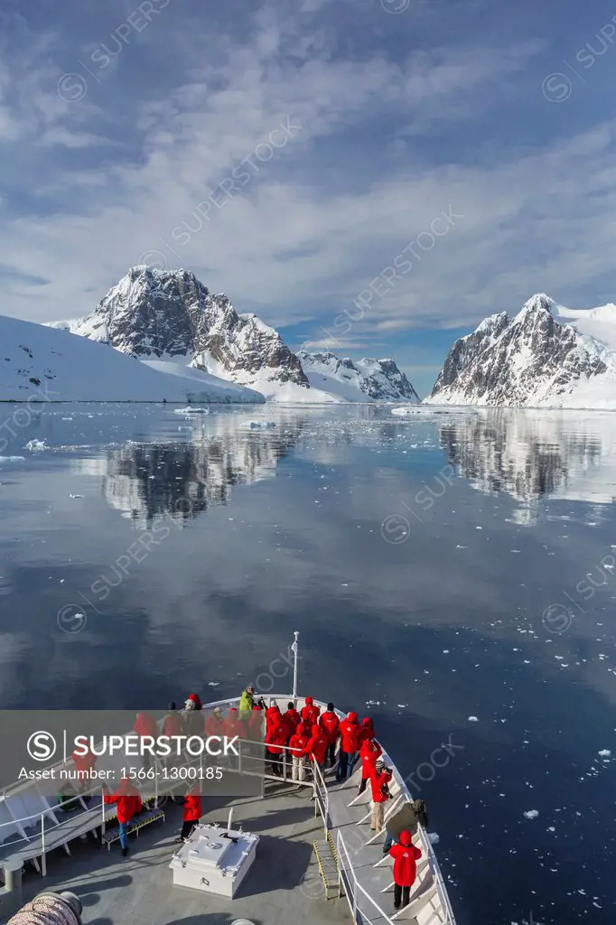 The Lindblad Expedition ship National Geographic Explorer on expedition in the Lemaire Channel in Antarctica, Southern Ocean.