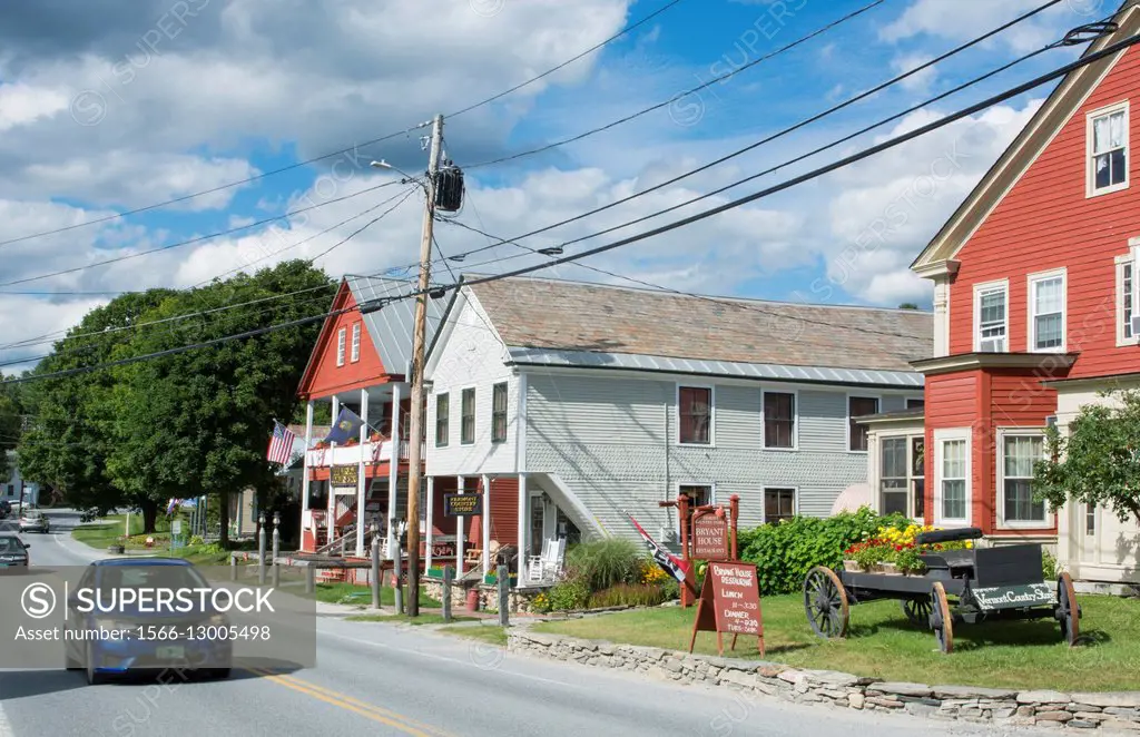 Weston Vermont small town The Vermont Store and shops Bryant House with flowers and road.