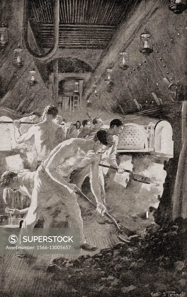 Stokers shoveling coal into furnaces in the engine room of a warship, c. 1900. From The History of Our Country, published 1900.