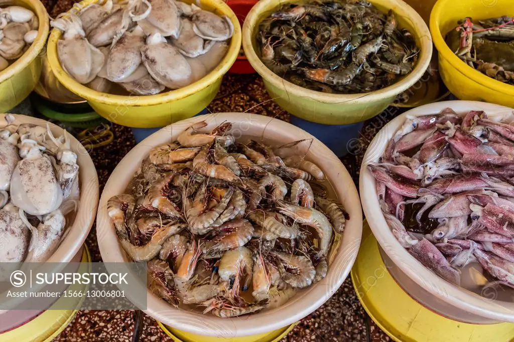 Squid and prawns for sale at fresh market in Chau Doc, Mekong River Delta, Vietnam.