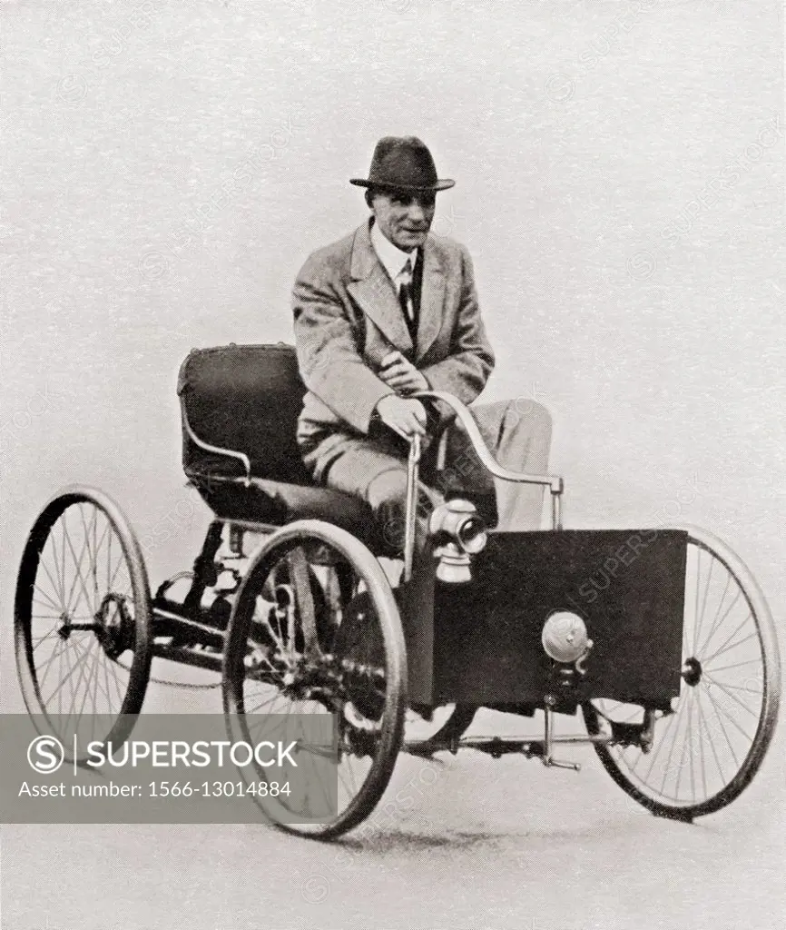 Henry Ford, 1863-1947. American industrialist, founder of the Ford Motor Company, seen here in the first Ford car, the Ford Quadricycle, built in 1896...