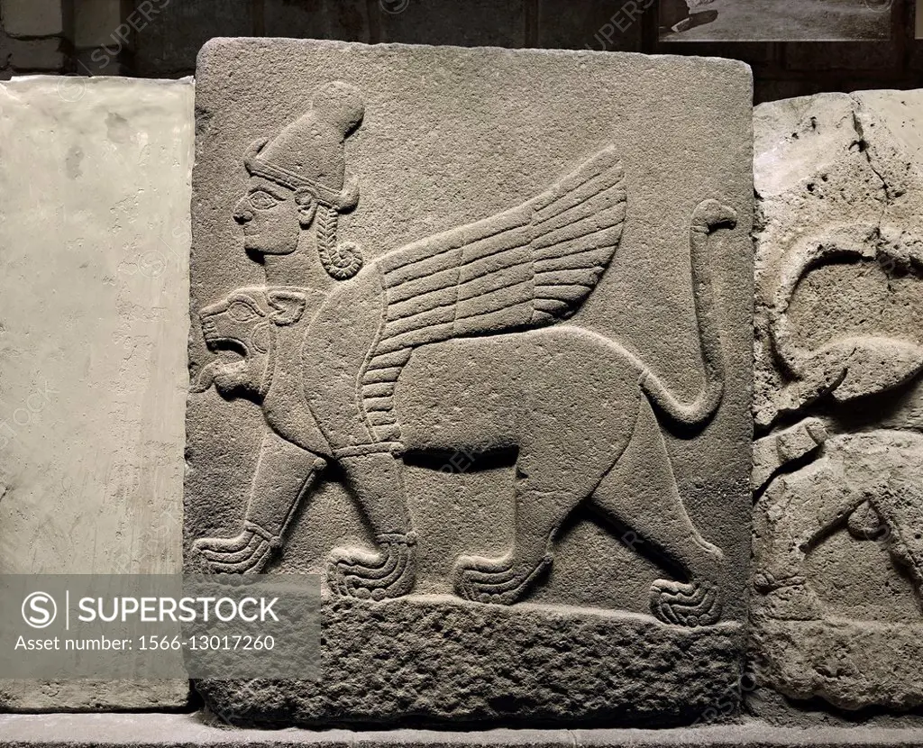 Hittite style Chimera 3-headed sphinx. Carving from Carchemish 9C BC. Museum of Anatolian Civilizations, Ankara, Turkey.