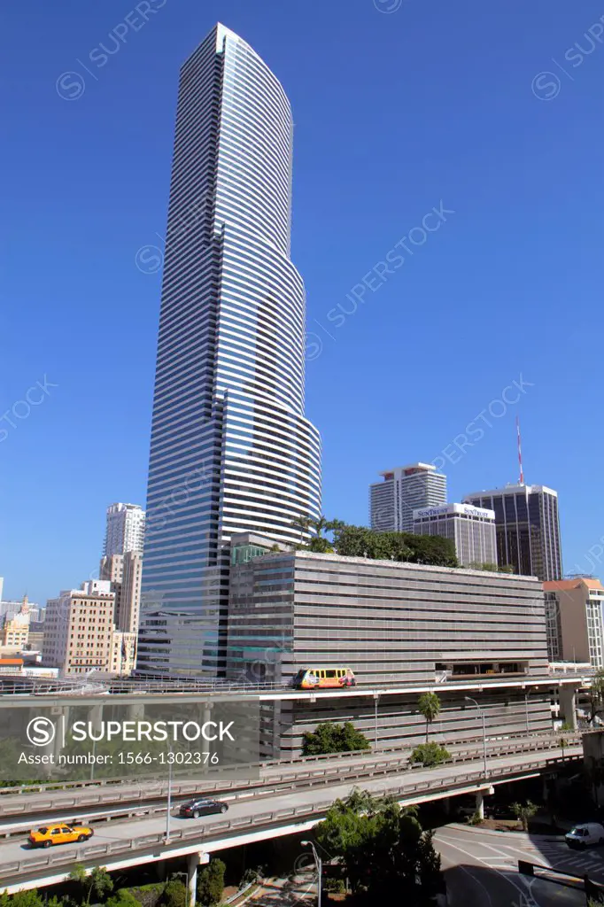 Florida, Miami, downtown, city skyline, I-95 Interstate exit ramps, highway, Metromover, people mover, public transportation, office building, traffic...