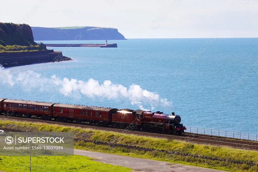 Steam locomotive LMS Jubilee Class 45699 Galatea. Tanyard Bay, Parton, Whitehaven, Cumbria, England, UK.