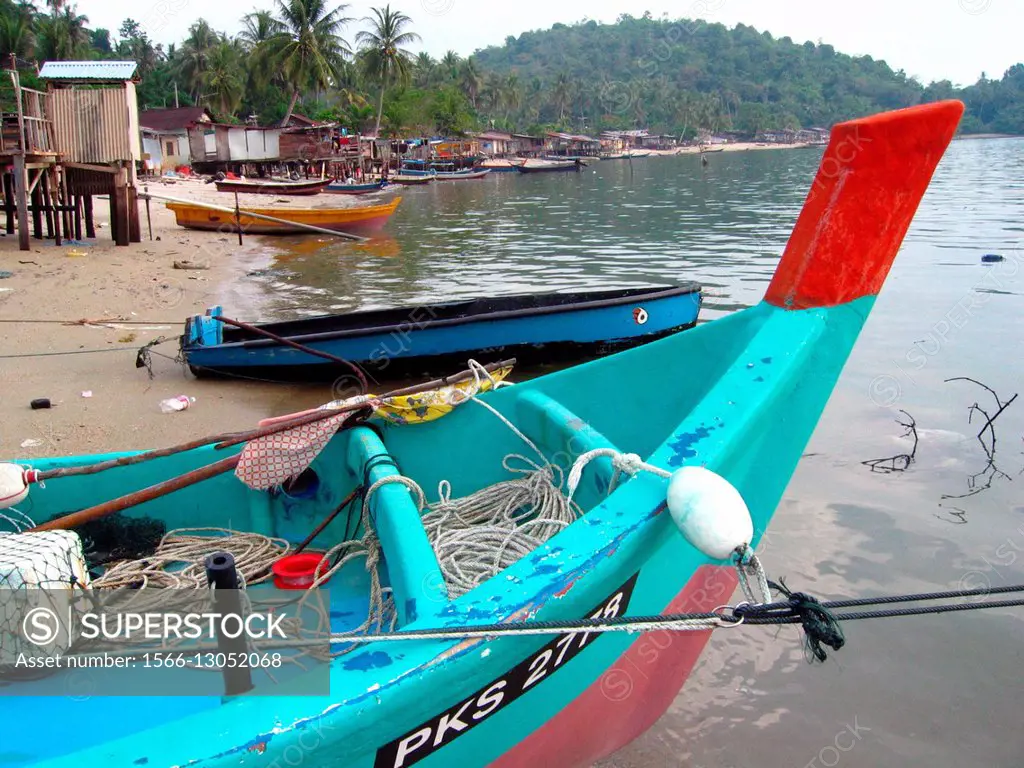 Boats at fishing village Pulau Pangkor island Malaysia.