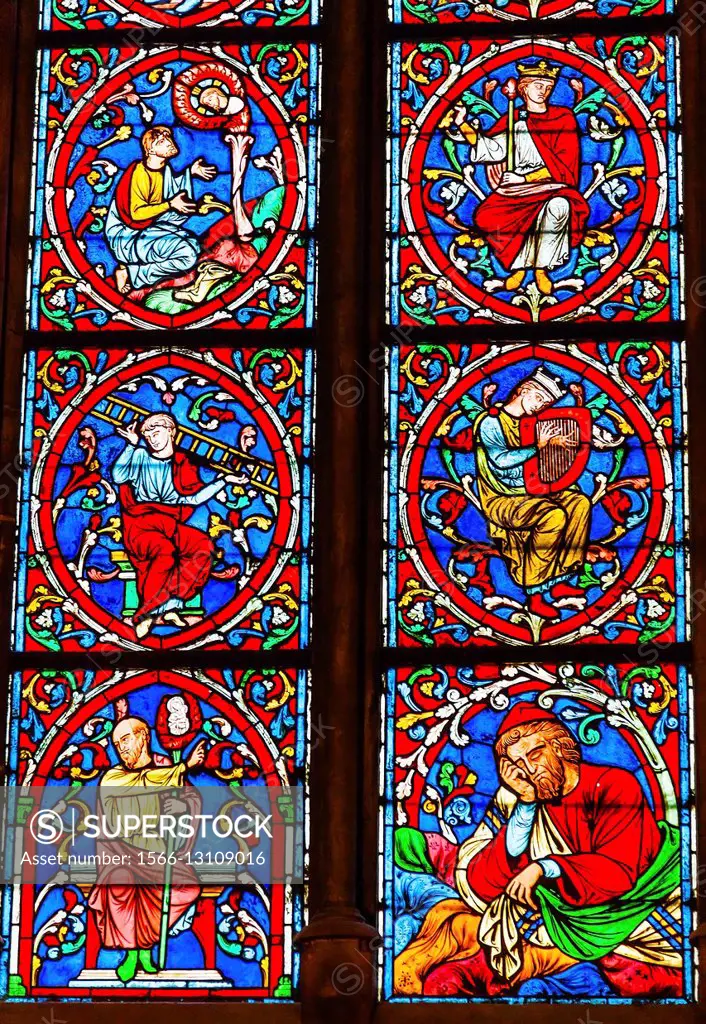 Many Kings Medieval Stories Stained Glass Notre Dame Cathedral Paris France. Notre Dame was built between 1163 and 1250 AD.