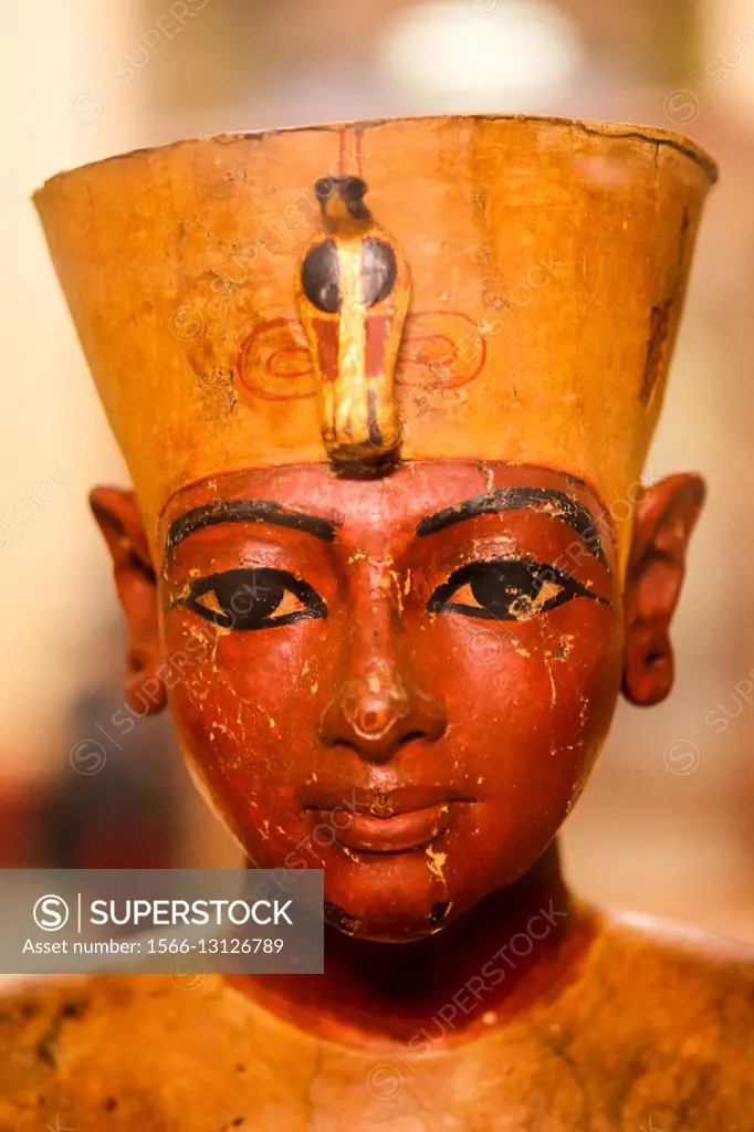 Dummy head of the young king, made from stuccoed and painted wood, from the tomb of the pharaoh Tutankhamen, discovered in the Valley of the Kings, Th...